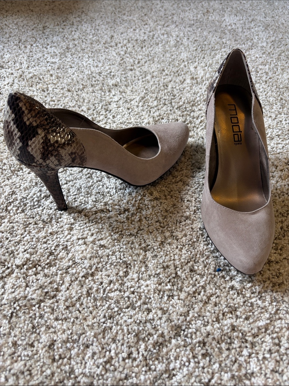 Moda Taupe Suede Pointed Toe Pumps with Snake-Print Heel Accent